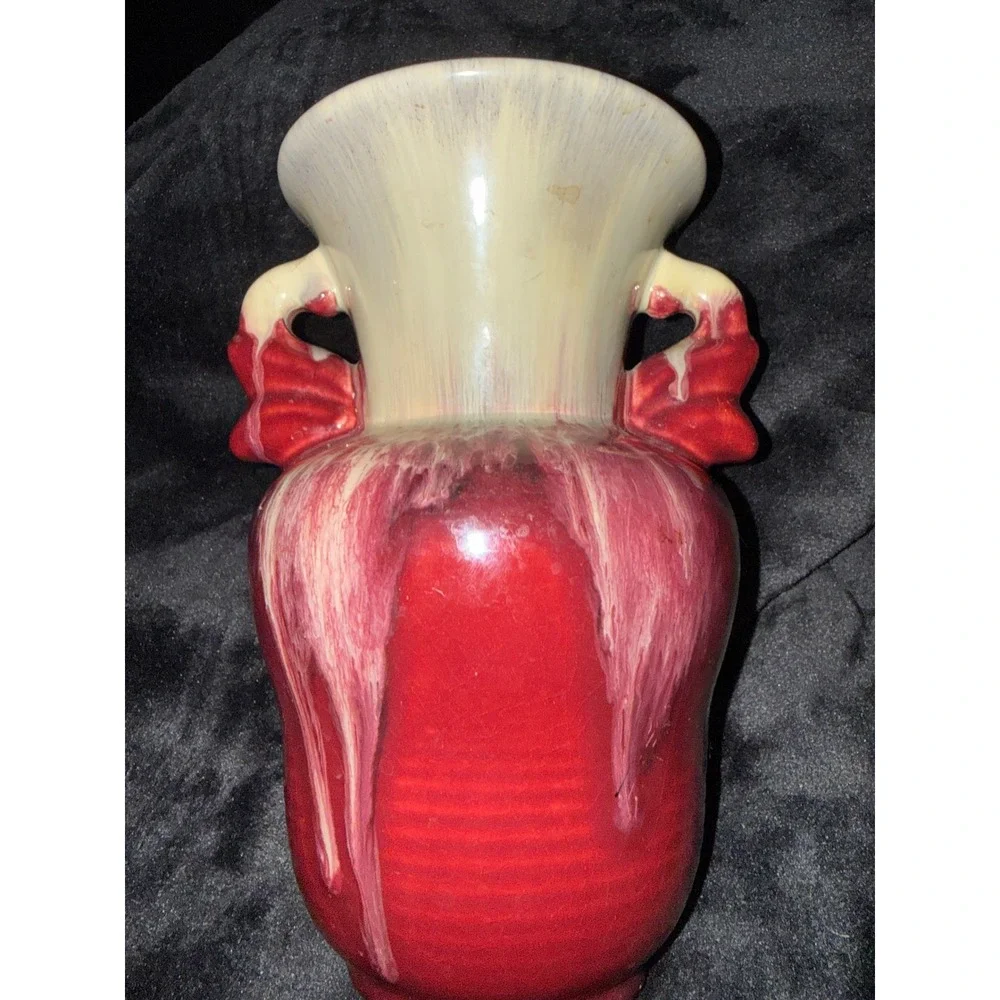 Vintage West German Pottery Drip Glaze Double Handled Vase Red Cream 8.5 Inch